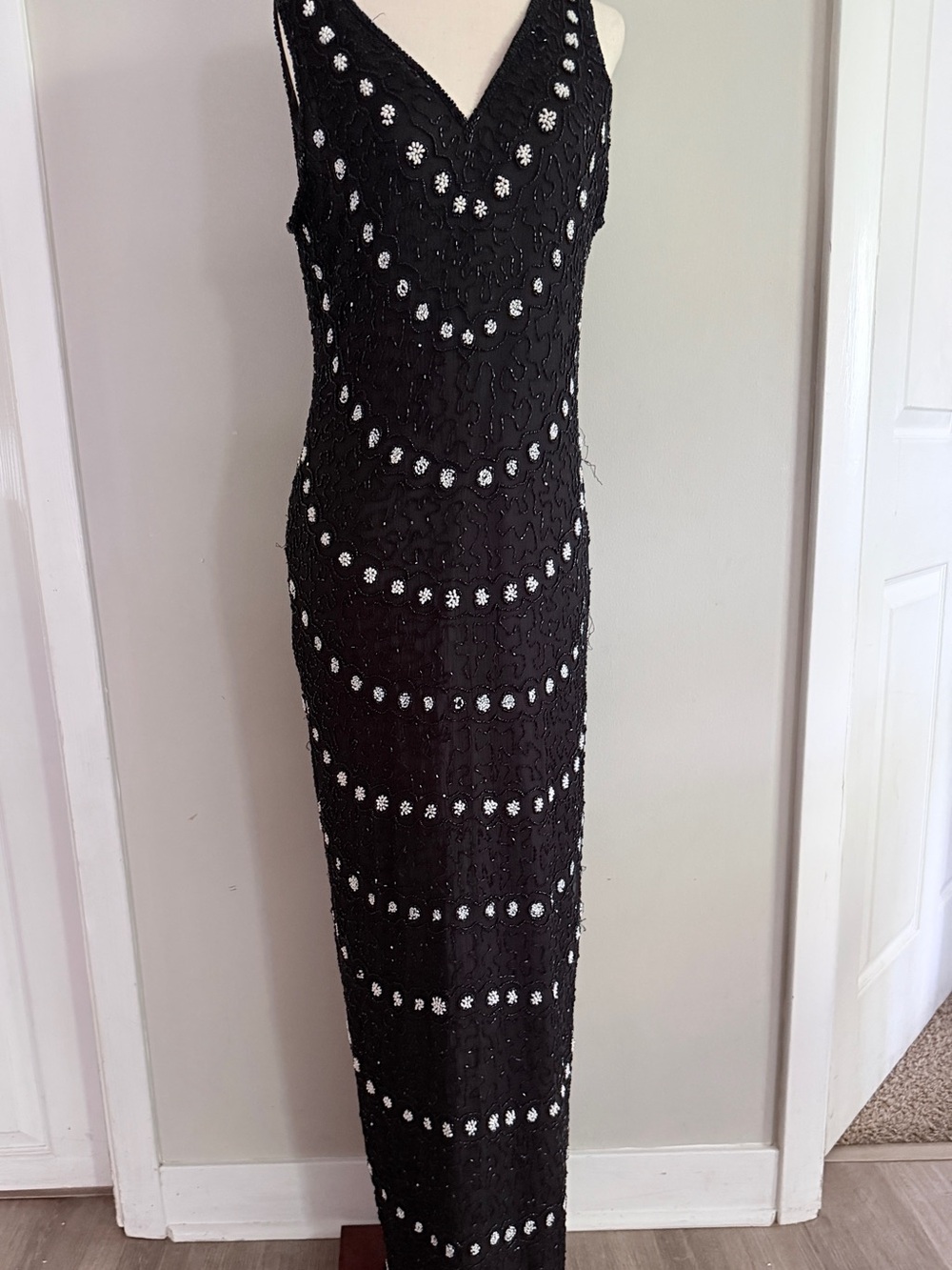 Black Beaded V-Neck Evening Dress